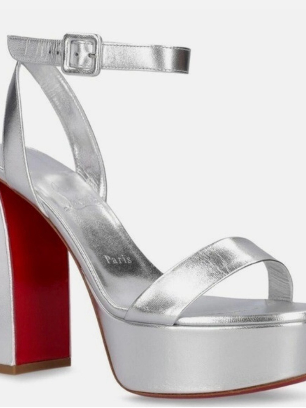 Louboutin Silver Platform Ankle-Strap Sandals with Red Block Heel